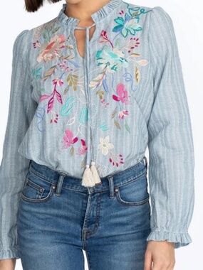 NWT Johnny Was Worship Nico Ruffle Silk Scarf Back Blouse Top Long Sleeve NEW XS